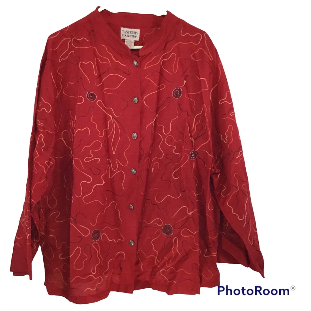 Tantrum Collections Made In India  Embroidered Beaded Red Silk Shirt‎ Jacket 3X
